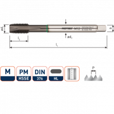 HSS-E PM MACHINETAP 'SYNCHRO',DOORLOPEND, DIN 376, M12